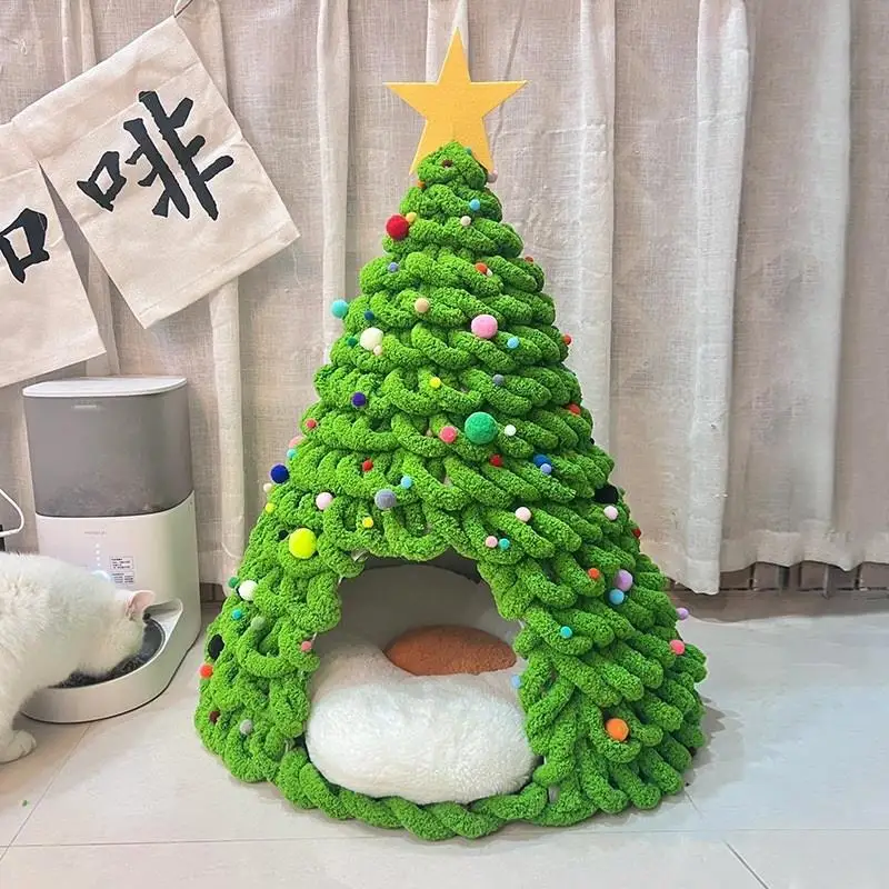 Winter Christmas Tree Cat Nest Handmade Diy Material Winter Warm Semi-enclosed Dog House Felt Cone Pet House