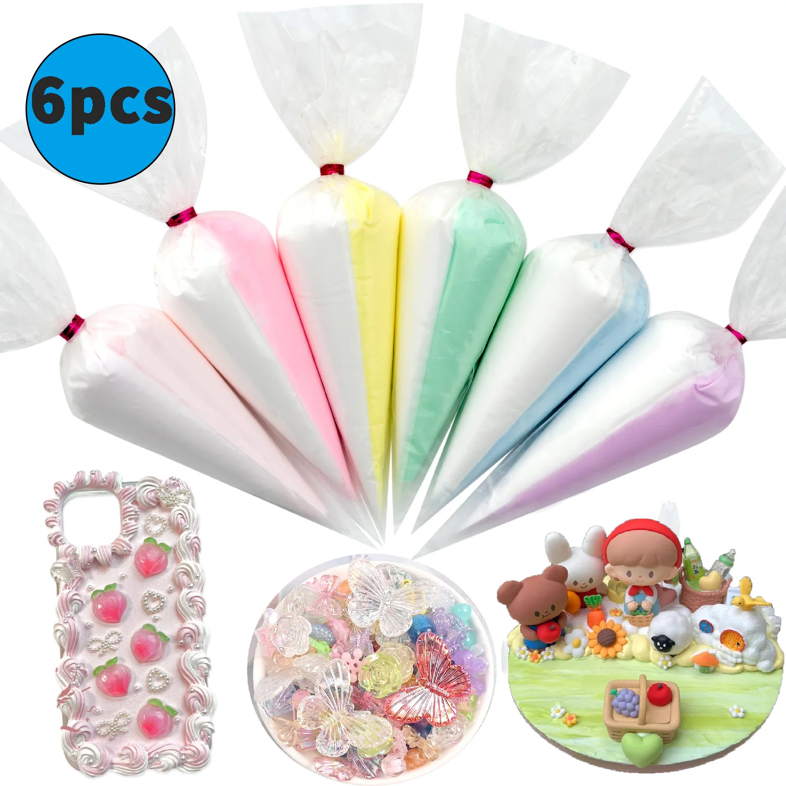 

6pcs two-color DIY imitation cream set imitation cream glue suitable for making DIY crafts such as phone cases and phone stands.