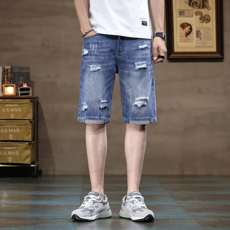 2024 Summer Ultra Thin Cotton Men\'s Denim Shorts Blue Stretch Straight Fashion Casual Ripped Jeans Shorts Male Classic Style