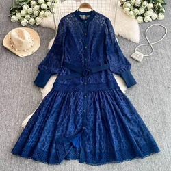 Luxury White Midi Dresses Women Summer Palace Style Single Breasted Pearls Embroidery Lace Evening Party Wedding Long Dress
