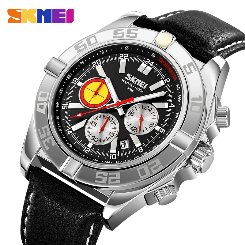 SKMEI Fashion Stopwatch Date Quartz Watches Mens Casual Genuine Leather Strap Wristwatches Waterproof Male Clcok reloj hombre