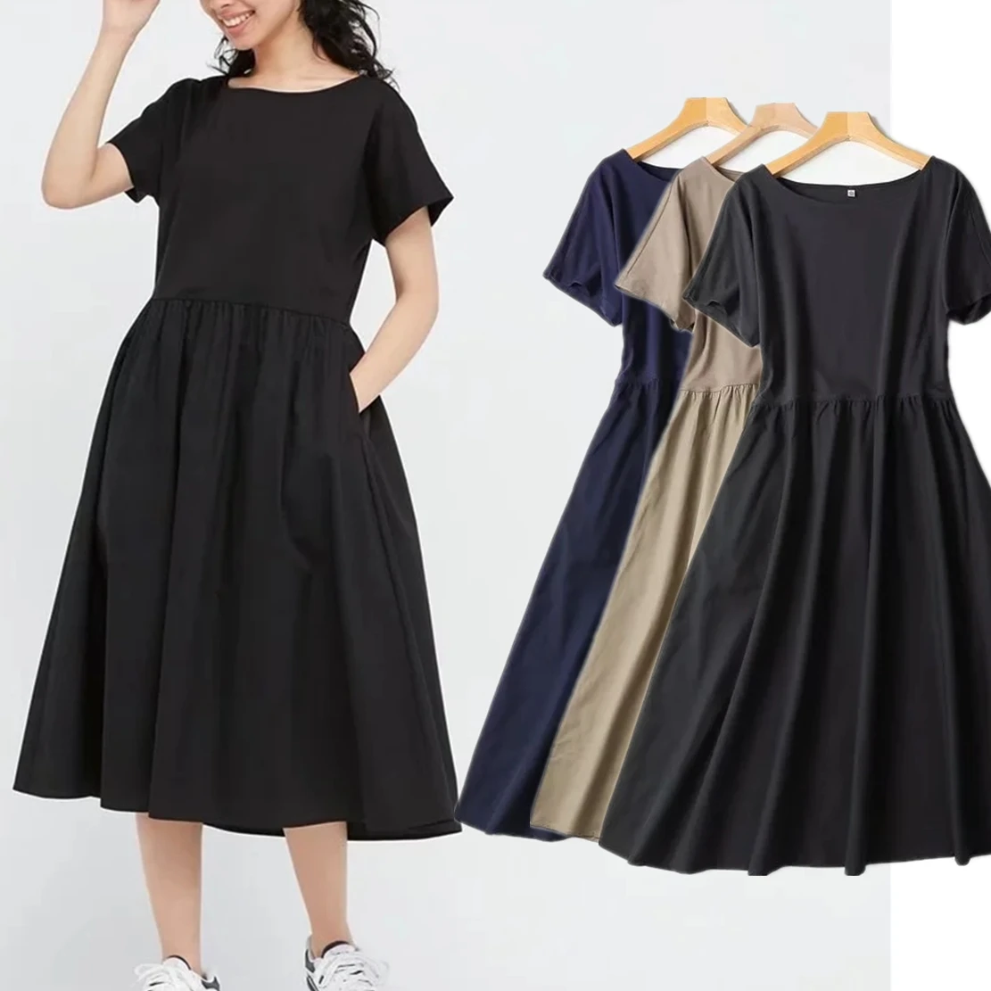 

Jenny&Dave Japanese Style Multicolor Long Dress Women Fashion Simple O-neck Loose Casual Dress Women