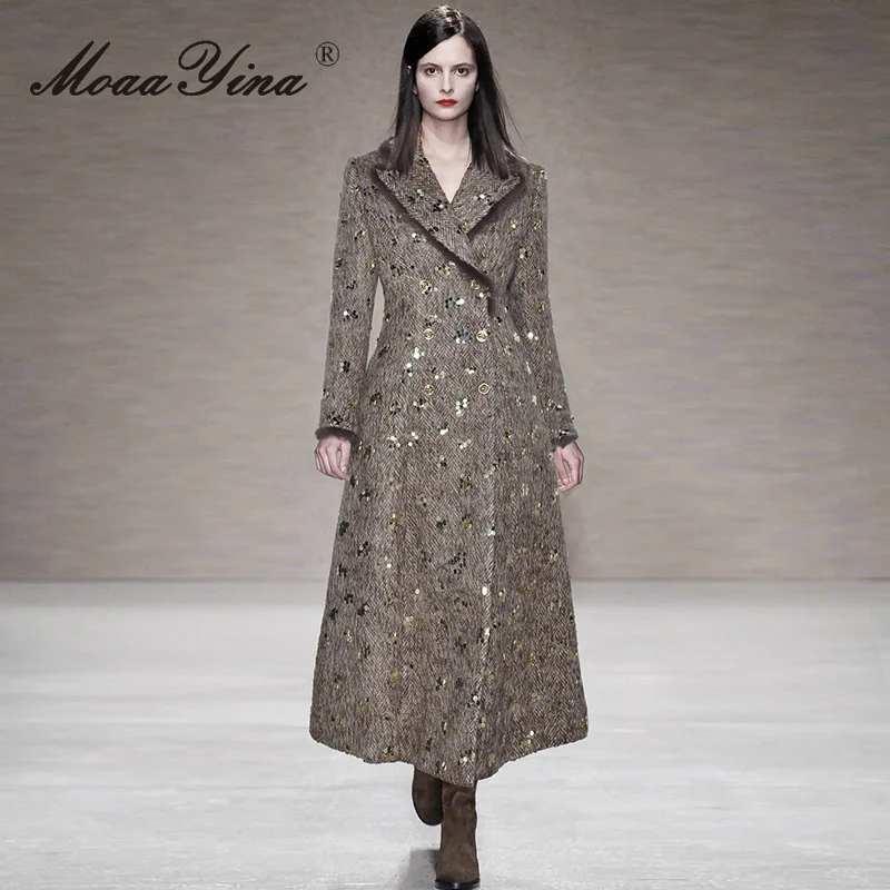 

Flip collar long sleeved fur patchwork double breasted pocket clip cotton sequin coat jacket for autumn/winter 2025