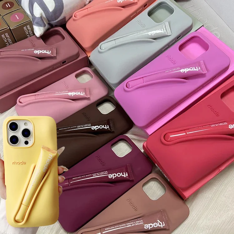 Coque de téléphone tendance en silicone gris avec support pour rouge à lèvres et ruban, pour iPhone 16, 12, 13, 14, 15, 11 Pro Max Plus 17