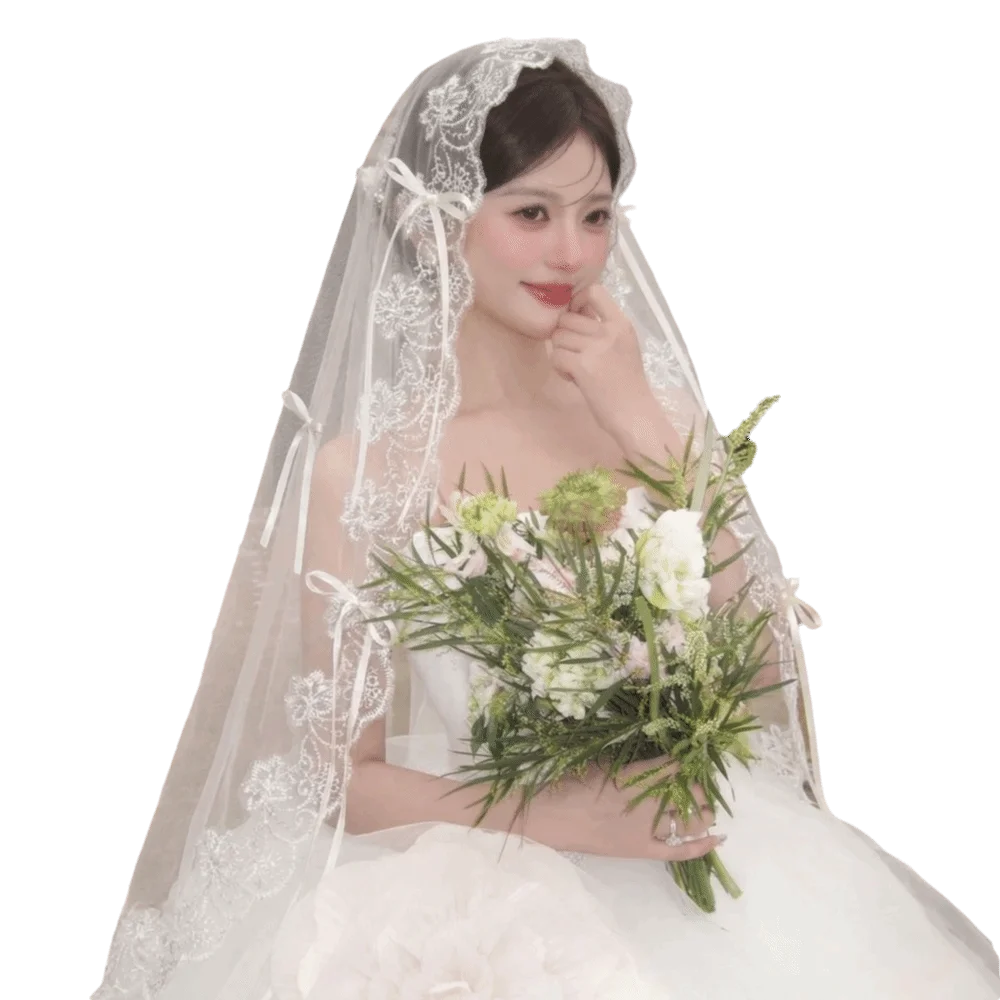 Fashion Long Bridal Veil for Women Bowknot Design Photography Props Lace Veil Elegant Retro Bridal Headpiece Wedding Ceremony