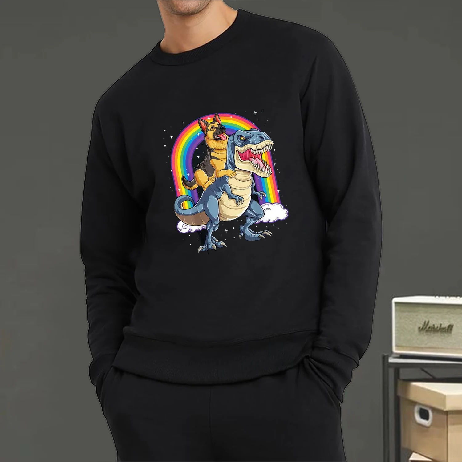 

German Shepherd Riding Dinosaur T Rex Men Sweatshirts Rainbow Printed Hoodies Soft Pullover Crewneck Loose Female Unisex Tops