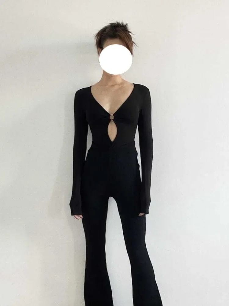 Seksowne body z wycięciami damskie Bodycon Hotsweet z długim rękawem na wszystkie mecze główna ulica klub nocny damskie dekolt w serek moda wygodne