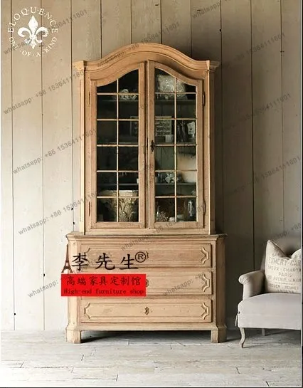 

European solid wood retro old bookcase, French American country carved bookshelf