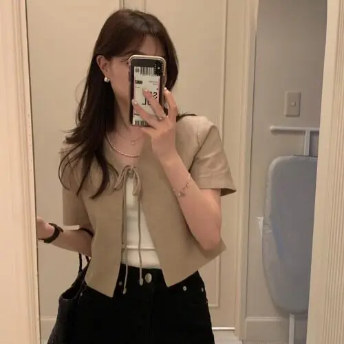 

Versatile Short Women's Shirt Cardigan Belted French Style Loose Fit Bubble Sleeve Non-Stretch Easy Care Daily Wear