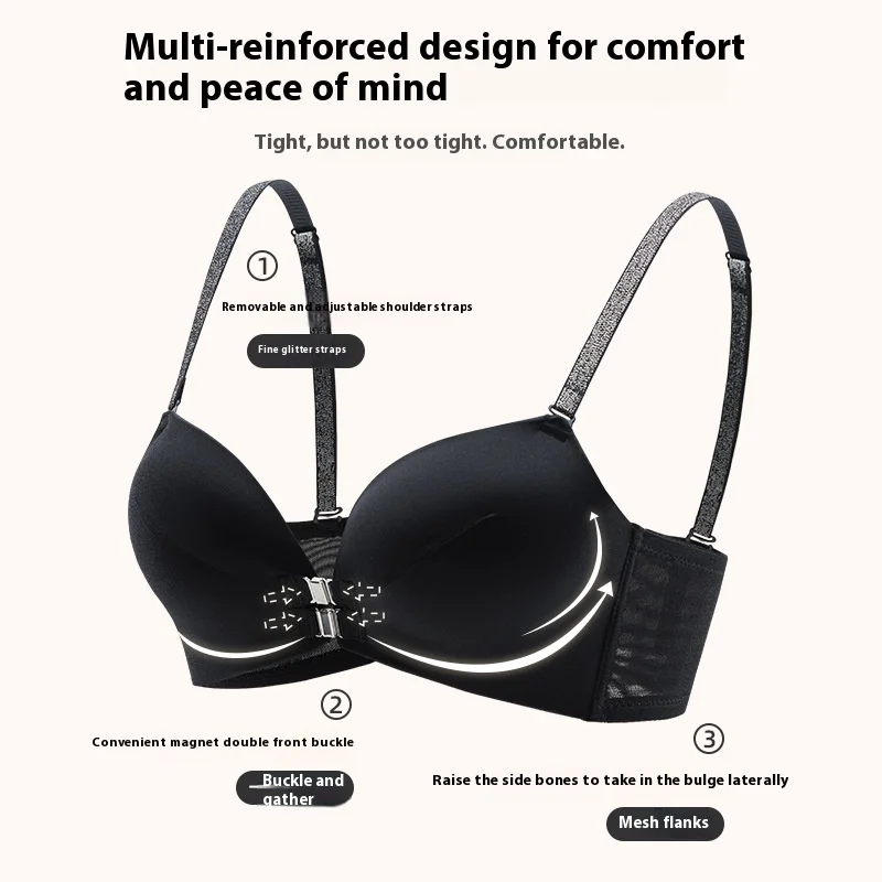 UBAU 2024 new sexy front buckle underwear female small breasts gathered thickened large thin straps back bra set