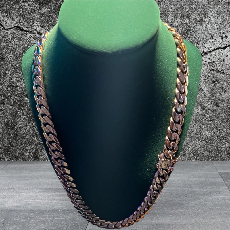 High-quality 16mm/24-inch sparkling Cuban chain necklace. Rose Gold - Popular choice for all holiday and anniversary gifts
