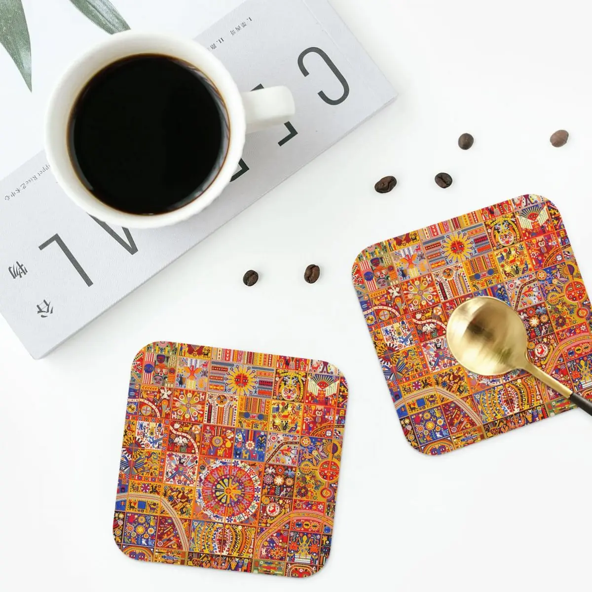 HUICHOL TILES Coasters PVC Leather Placemats Non-slip Insulation Coffee Mats for Decor Home Kitchen Dining Pads Set of 4