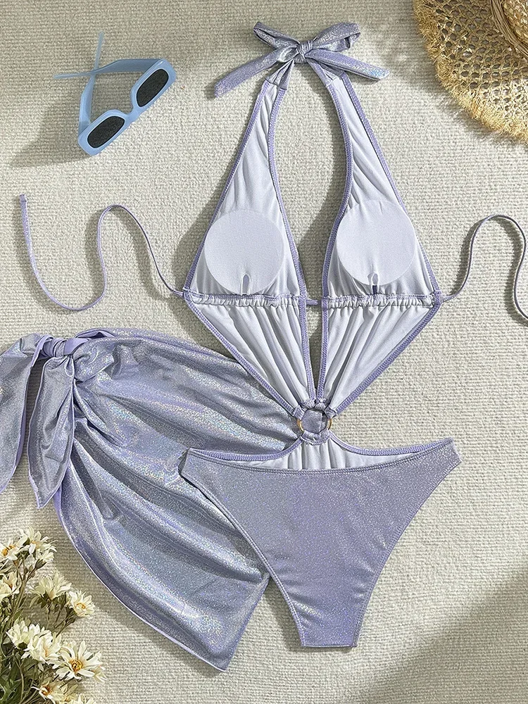 2025 New Summer Swimwear Bikinis Set Sexy Laced Up Hollow Out One Piece Swimsuit 2 Piece Set Women High Waist Solid Beach Bikini