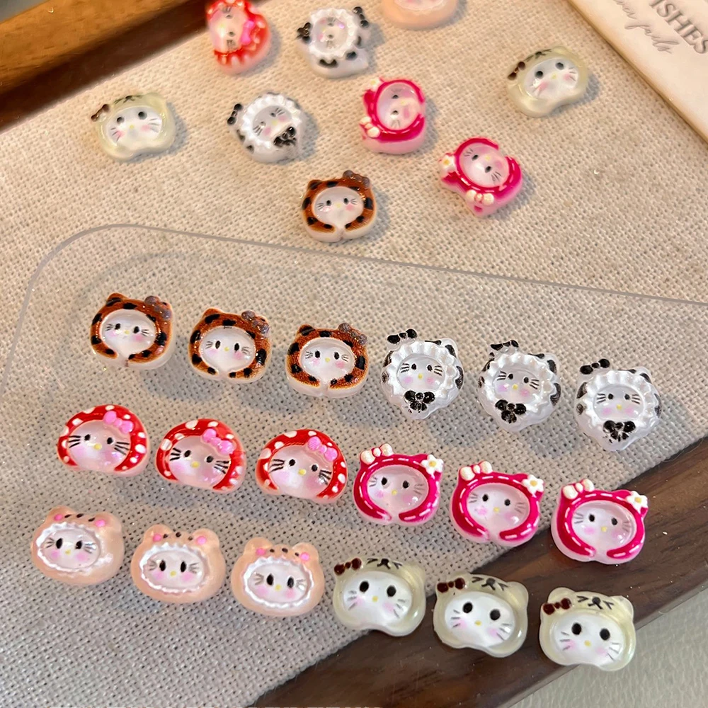 10Pcs 3D Leopard Print Hello Kitty Nail Charm DIY Resin KT Cat Head Hat Rhinestone DIY Nail Art Decoration Manicure Crafts