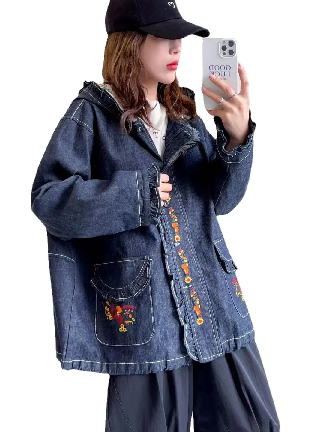 Vintage Blue Floral Embroidery Hooded Denim Jacket Women Autumn Sweet Mori Girl Ruffled Kawaii Long Sleeve Loose Female Outwear