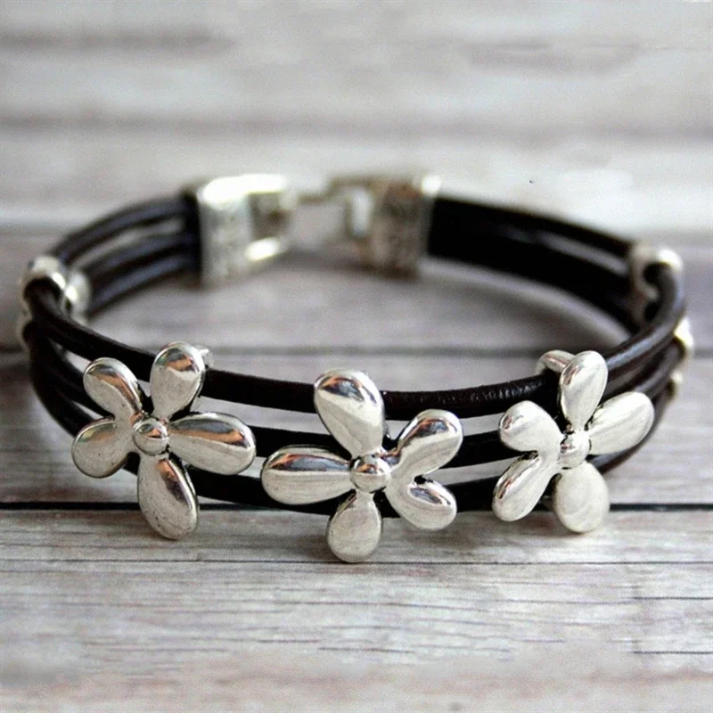 Bohemian Vintage Flower Lucky Leather Multilayer Bracelet for Women Men Friendship Handmade Jewelry Couples Bangle Gift