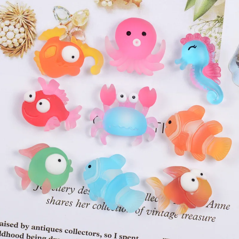 10pcs Cartoon Resin Kawaii Ocean Animal Series Embellishments Flatback Cabochon Dollhouse Miniatures Diy Phone Case Decoration