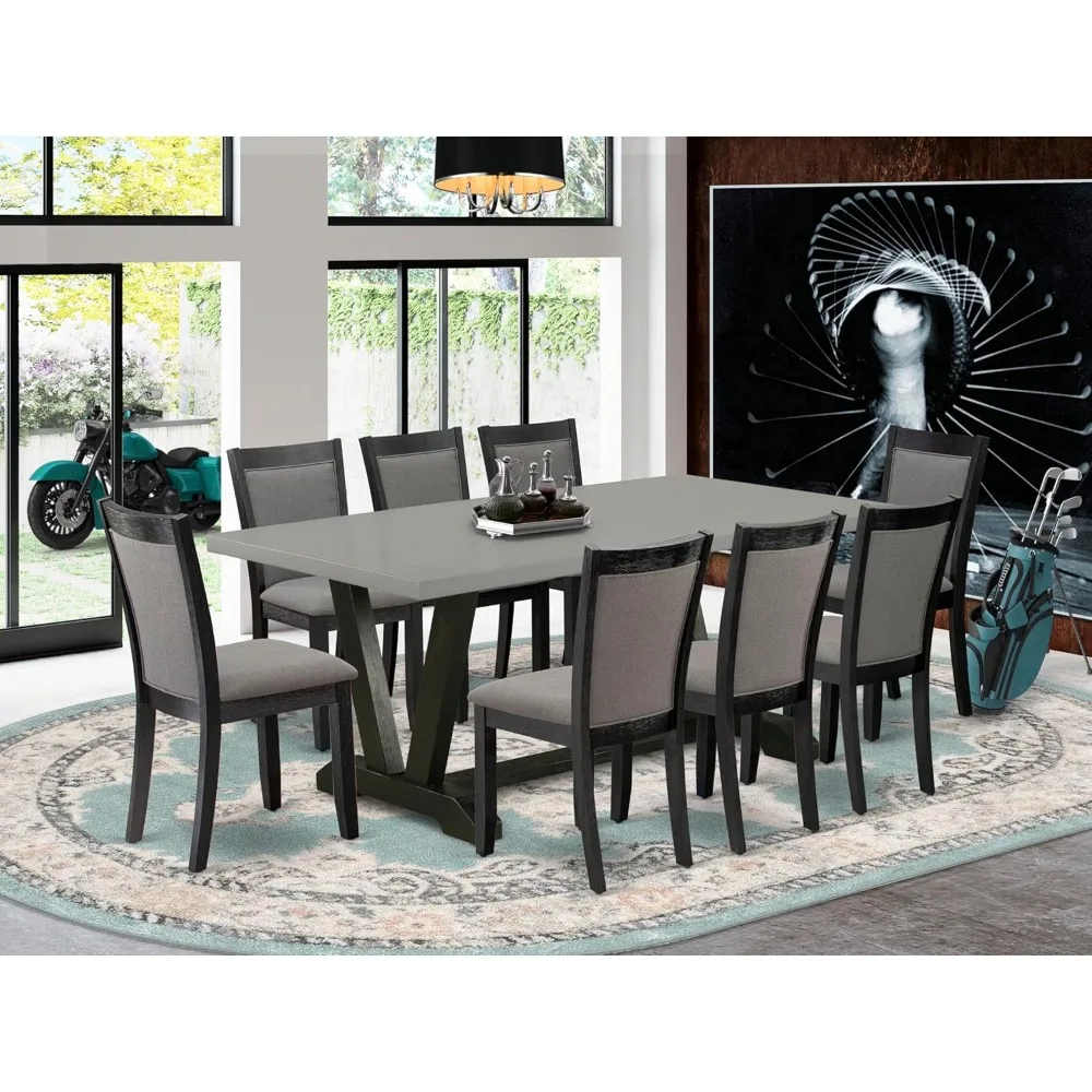 

9 Piece Kitchen Table Set Includes a Rectangle Dining Table with V-Legs and 8 Dark Gotham Grey Linen Fabric Parson Dining Chairs