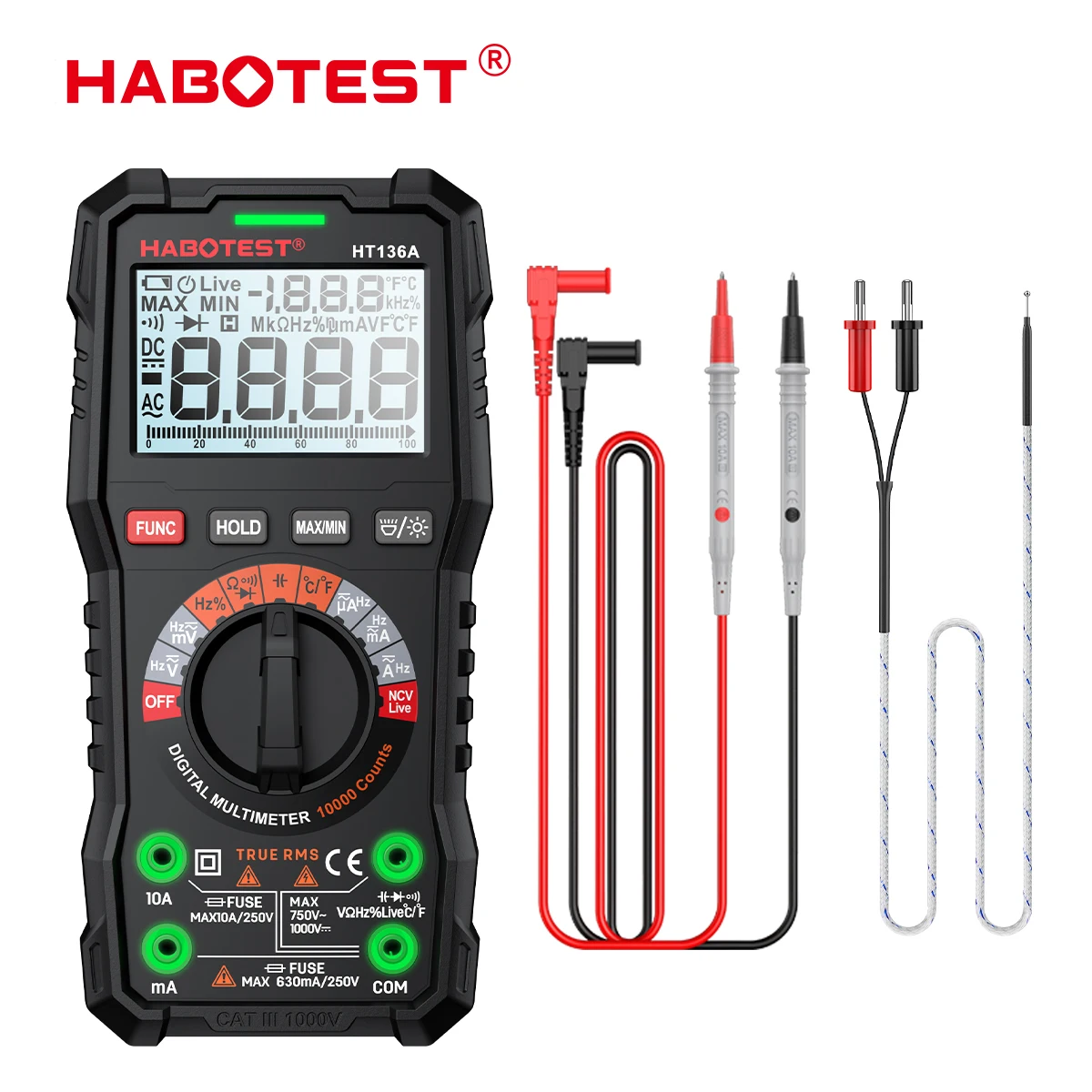 

HABOTEST HT136 digital multimeter, high-performance voltmeter, automatic range NCV Hz diode tester with high voltage light alarm