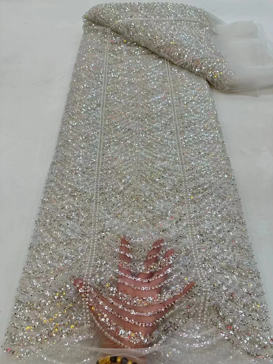 High-end Handmade Beaded Lace Fabric with Sequin Embroidered for Women Gown Dress, White African Crystal Beading Wedding Fabric