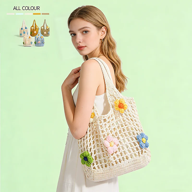 

1PCS Crochet Storage Bag Designer Floral Knitted Handbag Large Capacity Summer Beach Woven Shoulder Bag Tote Shopper Storage Bag