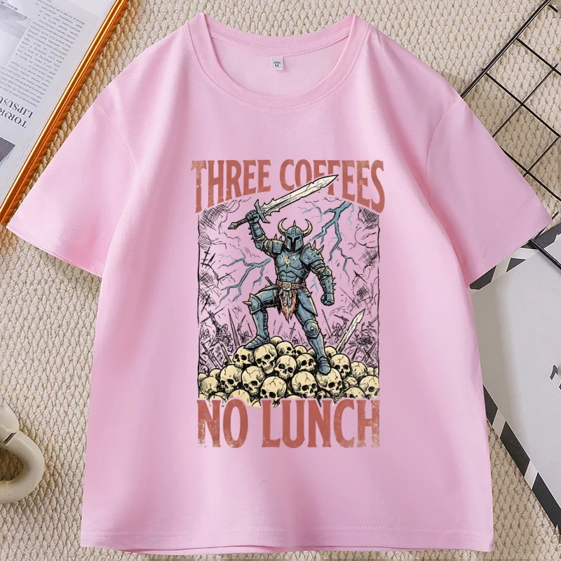 Three Coffees No Lunch T-Shirt Funny Coffee Tee Dark Humor T Shirt Sarcastic Work Warrior Graphic T Shirts Man Short Sleeve - view 4