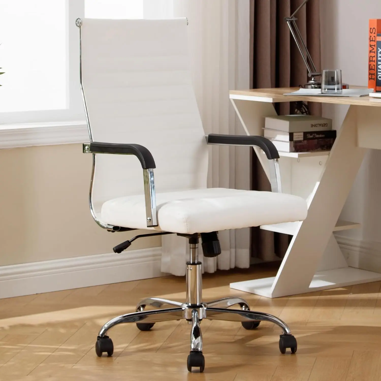 Ergonomic Ribbed Leather Office Chair Adjustable Height Mid-Back Swivel Desk with Lumbar Support White Custom