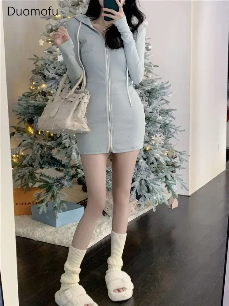 Duomofu Coquette Sexy Mini Blue Dress Women Korean Style Cute Long Sleeve Hooded Dreeses Y2k Egirl Sweet Corset Winter Vestidos