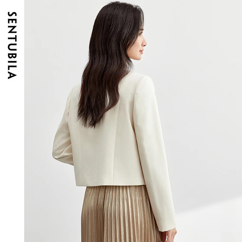 SENTUBILA Woman Cropped Blazer Short Tailored Coat 2025 Beige Straight V Neck Long Sleeve Outerwear Ladies Clothing 151X58226