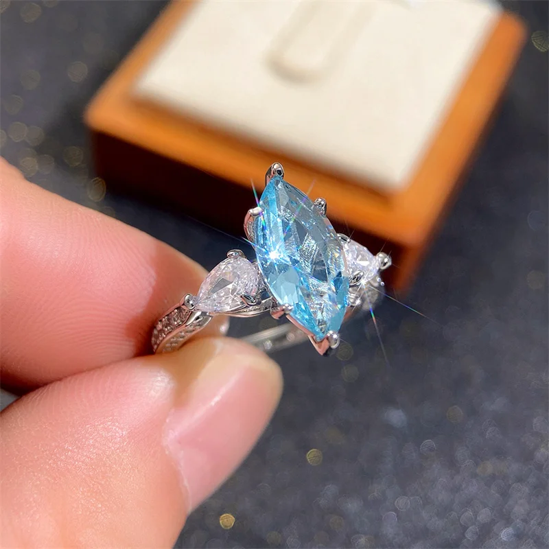 Huitan Simple Sky Blue Marquise Stone Rings for Women Exquisite Wedding Party Finger Accessories Eternity Jewelry Drop Shipping