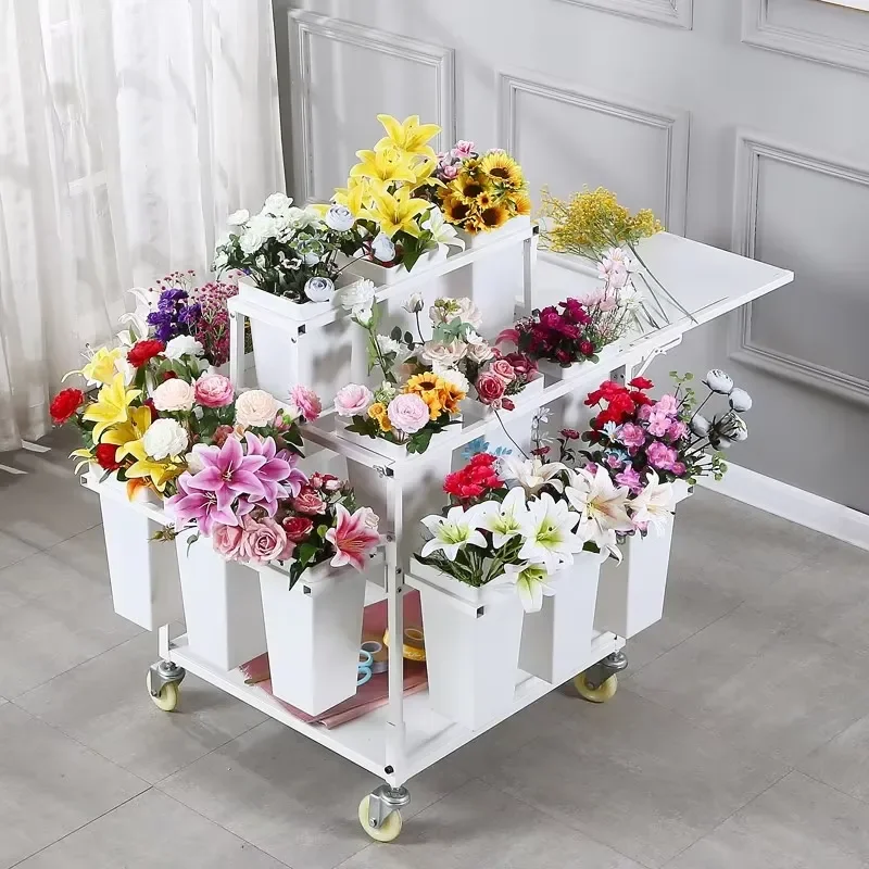 Ladder Multi-tier Flower Cart Display Stand Raise Flower Wake Rack Iron Bouquet Bucket Rack Stall Foldable Flower Cart