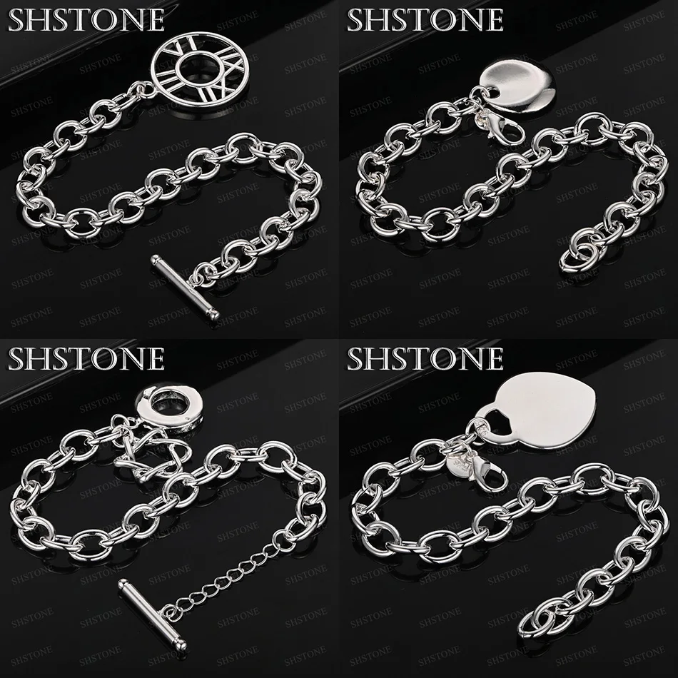 

925 Sterling Silver Heart Lock Star Of David Round Roman Numeral Pendant Bracelets Women Birthday Party Cute Jewelry Accessories