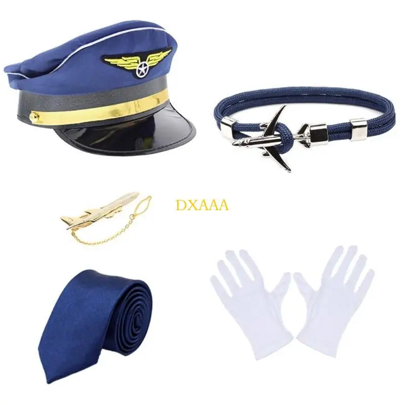 Dxaa fantasia comissário bordo, roupas capitão, chapéu, uniforme, dragonas, gravata, luvas, aeromoça, acessórios