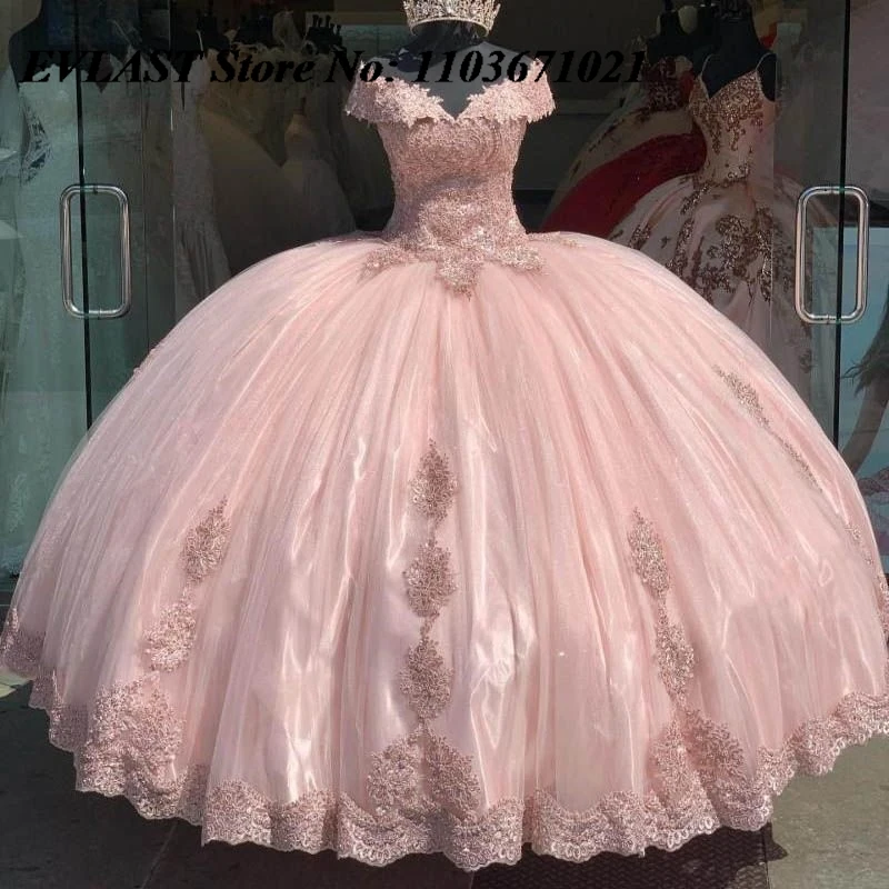 

EVLAST Блестящее розовое платье Quinceanera Бальное платье Блестящая кружевная аппликация с бисером и кристаллами Корсет Sweet 16, Vestidos De XV 15 Anos SQ2