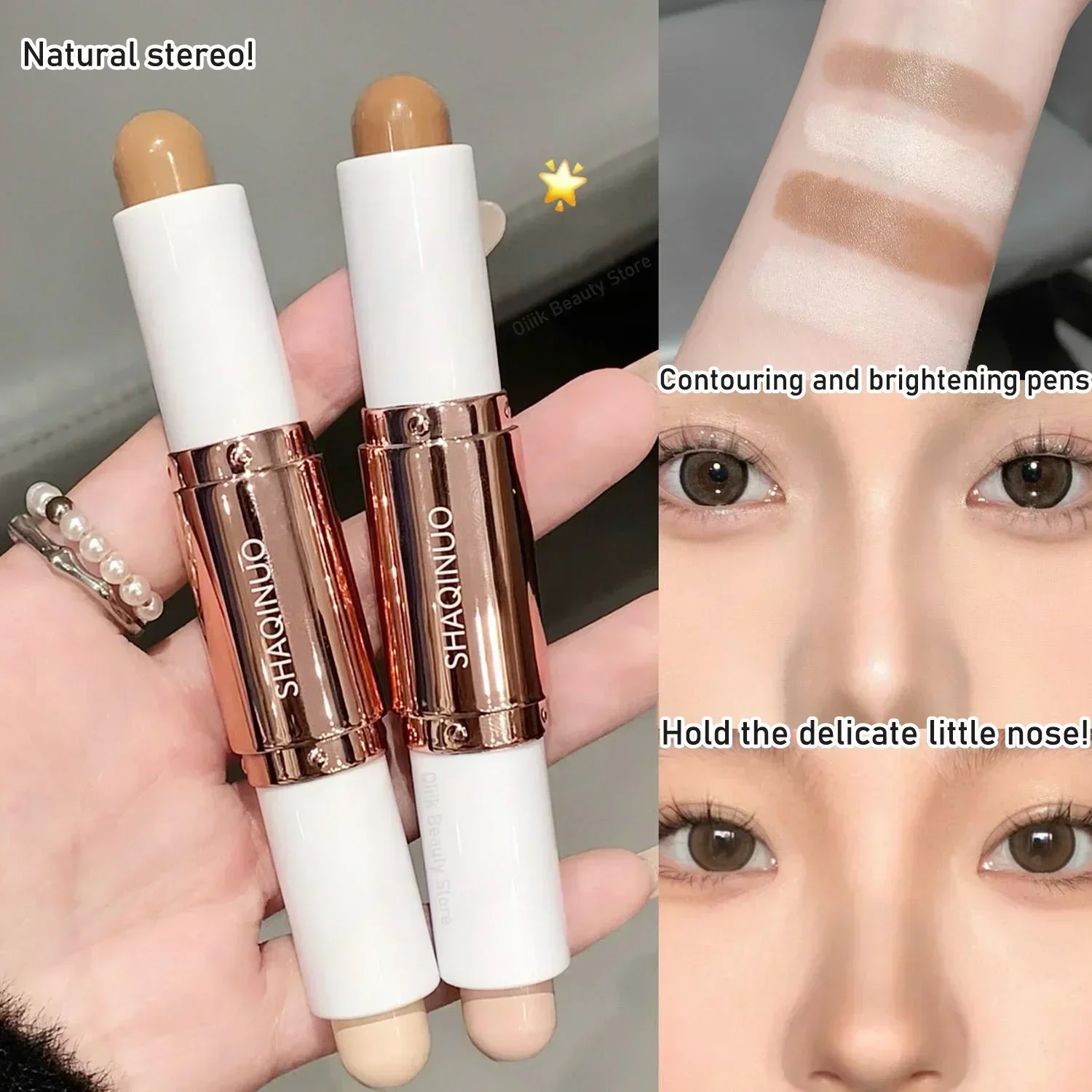 Double Head Highlighter Contour Stick 3D Nose Side Face Shadow Bronzers Natural Brighten Matte Lying Silkworm Shading Stereo Pen