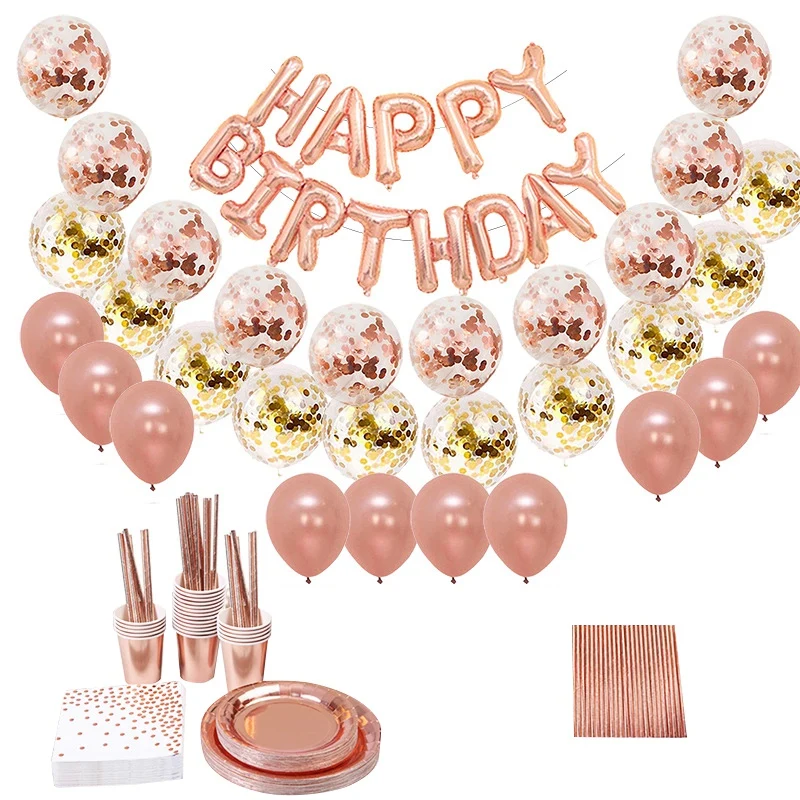 96Pcs Rose Gold Foil Balloons Set with Paper Plates Cups Drink Straws Birthday Party Decoration Baby Shower Supplies