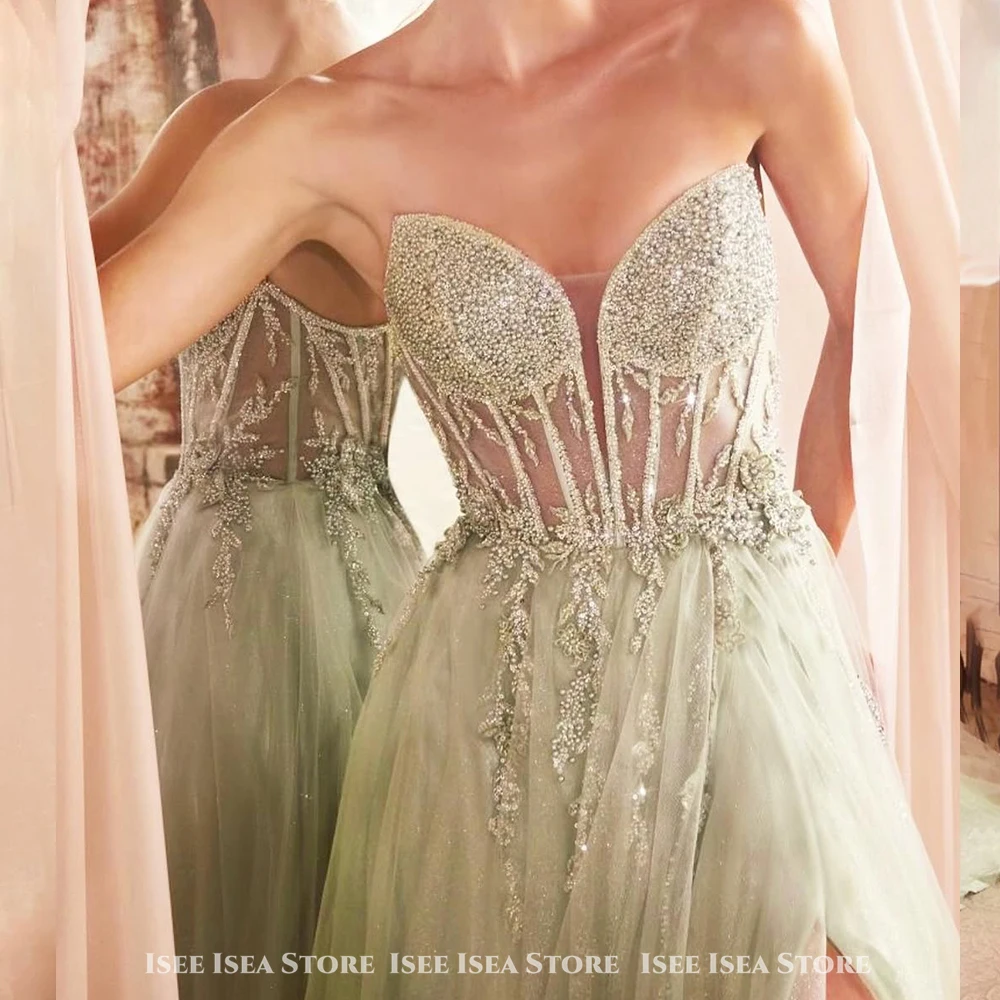 Robes de soirée vertes pour femmes, élégantes, sans manches, brillantes, sans bretelles, romantiques, personnalisées