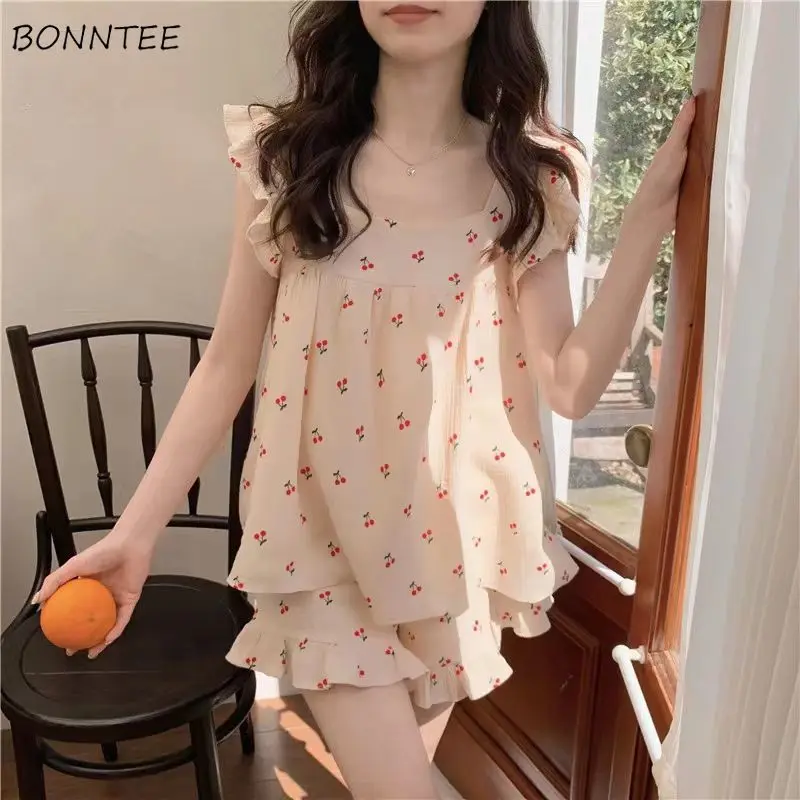 Pajama Sets Women Square Collar Comfortable Summer Schoolgirl Fashion Print Lovely Sweet Style Basic Nightwear Daily Lounge Chic