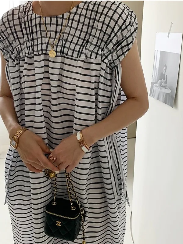 กระชับสัดส่วนดีไซน์วินเทจเซนส์ประตูตงดา Ins Dr Knot Svel Long A-Line Summer Stripe Pattern Women's Dr