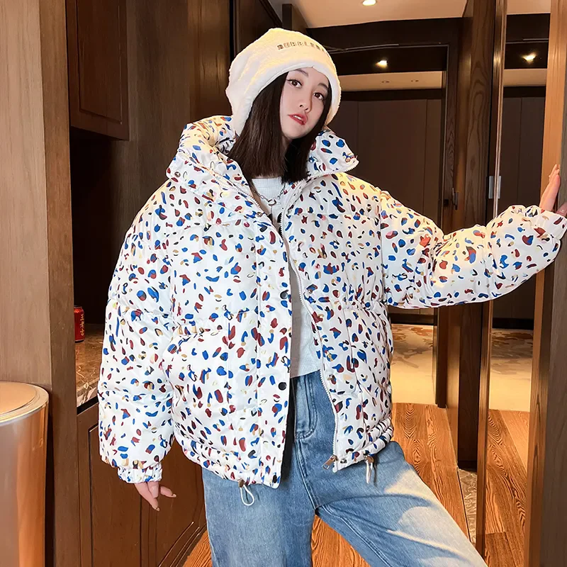 Down Cotton Coat Womens 2024 New Winter Jacket Short Loose Padded Coats Printing Hooded All-match Fashion Korean Bread Jackets