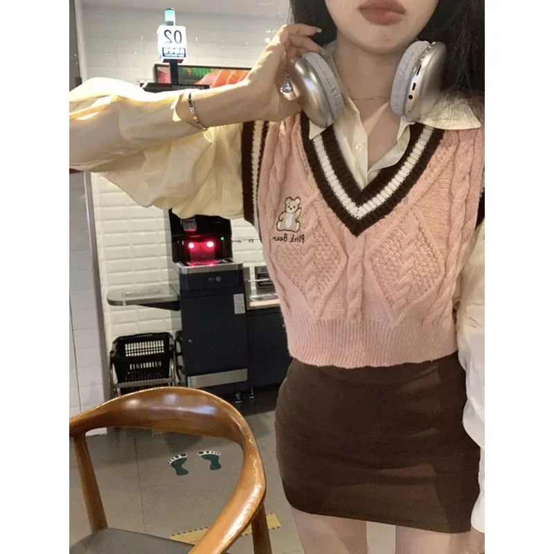 2024 outono doce rosa com decote em v camisola colete branco camisa de manga comprida saia marrom jk terno feminino y2k estética uniforme escolar