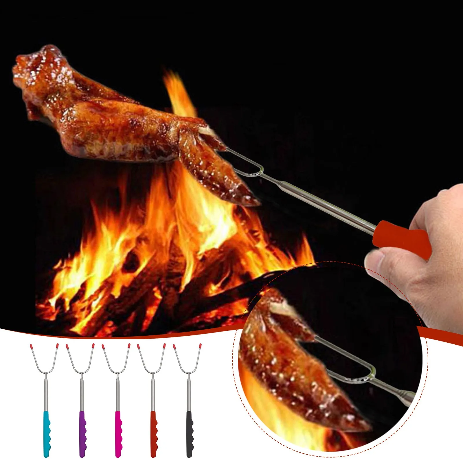 

Stainless Steel 85cm Telescopic Barbecue Fork U Shaped Barbecue Needle Outdoor Bbq Chicken Hot Dog Hot Dog Toaster Stick