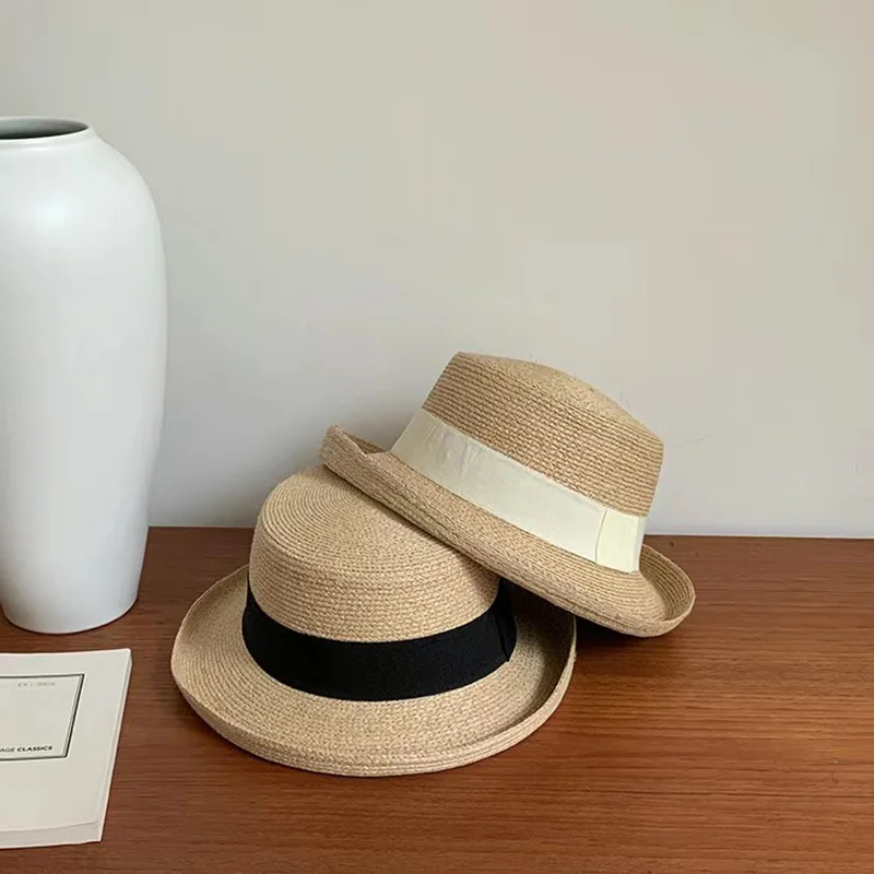 Summer Beach Vacation Lafite Straw Hat Beach Walk Flat Top Curled Hat Men's and Women's Leisure Versatile Sunshade Hat