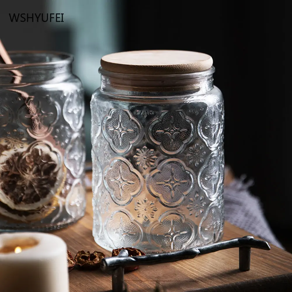 WSHYUFEI Glass Sealed Jar Vintage Begonia Embossed Storage Jars High Capacity Snack Nut Storage Glass Bottle Kitchenware