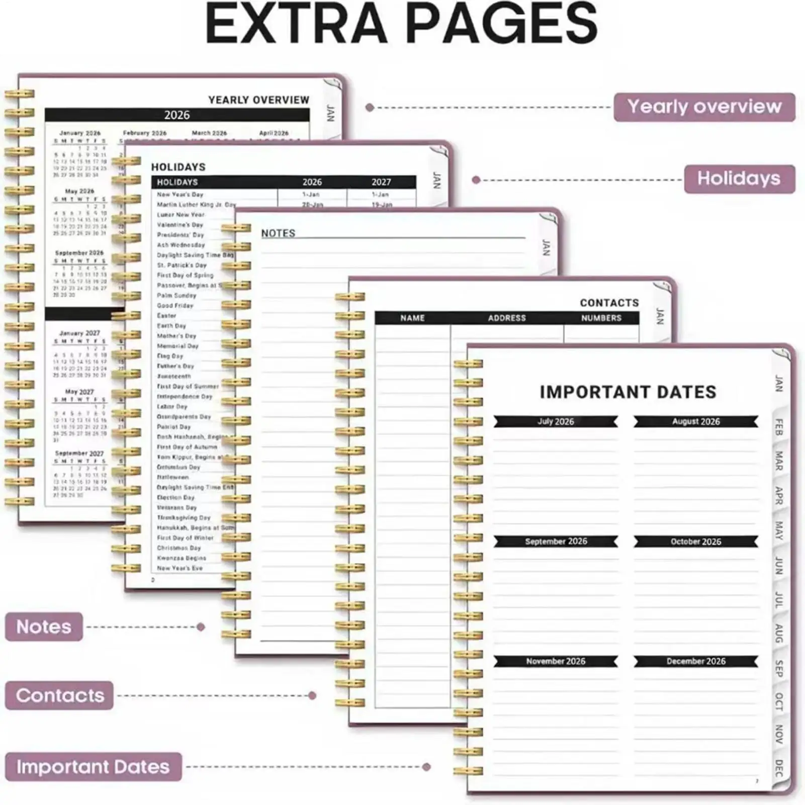Kalendarz na rok 2026, planer na 12 miesięcy, notatnik spiralny, tygodniowy i miesięczny planer na rok 2026 dla uczniów, studentów, kobiet i nauczycieli.