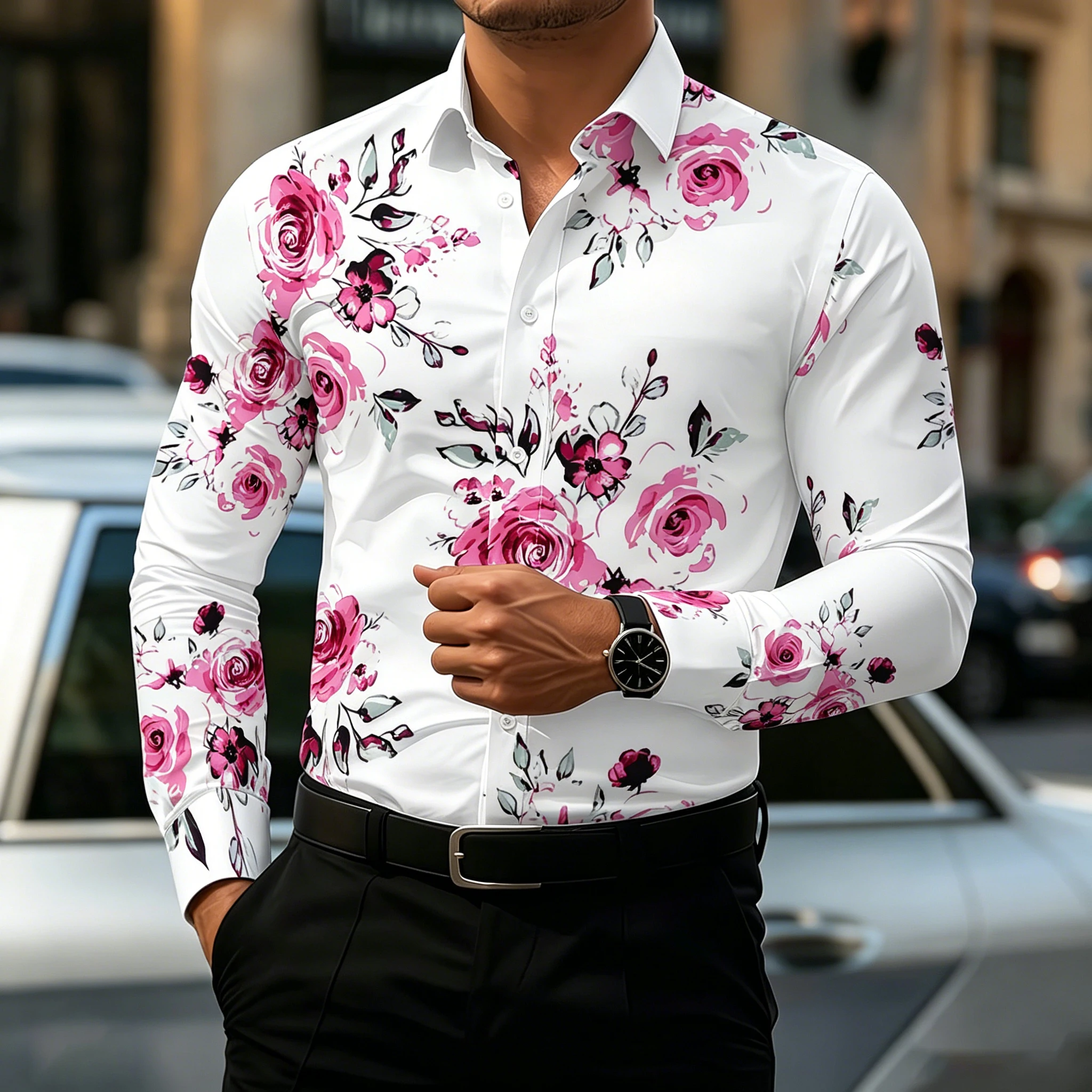 Men's collared slim-fit long-sleeved shirt, rose and leaf print all-over print, urban luxury cardigan for couples on dates.