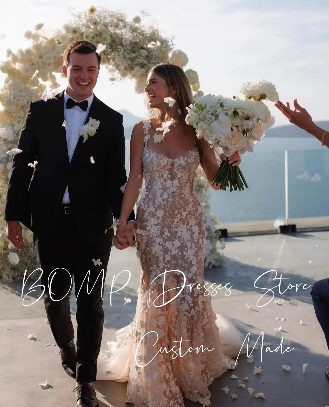 BOMP Exquisite Mermaid Wedding Dress 3D Flowers Lace Sweep Train Spaghetti Strap Bridal Gown Customized Classic Robe De Mariée