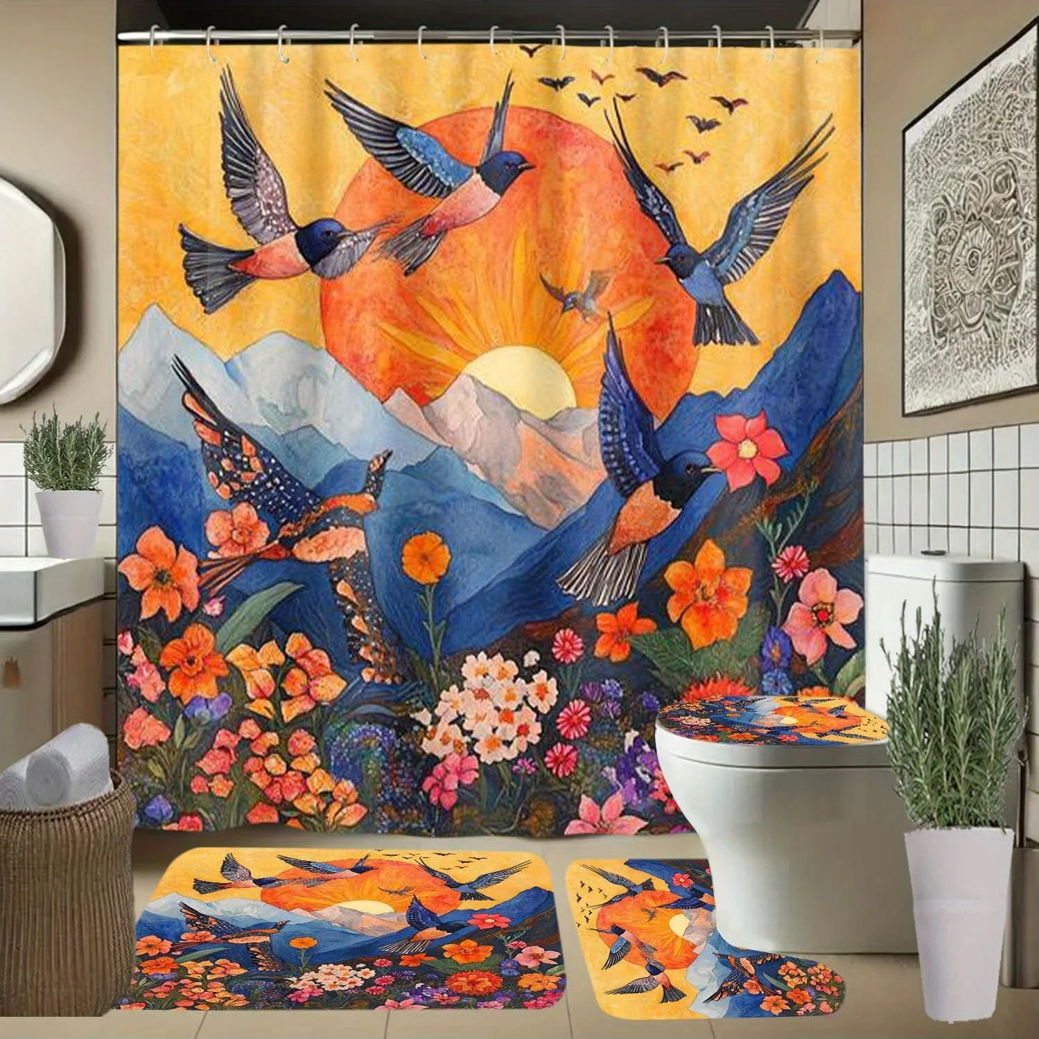 

4pcs Bird and Floral Sunrise Pattern Shower Curtain with Hooks, Bathroom Partition Curtain, Home Decor, All-Season Elegant