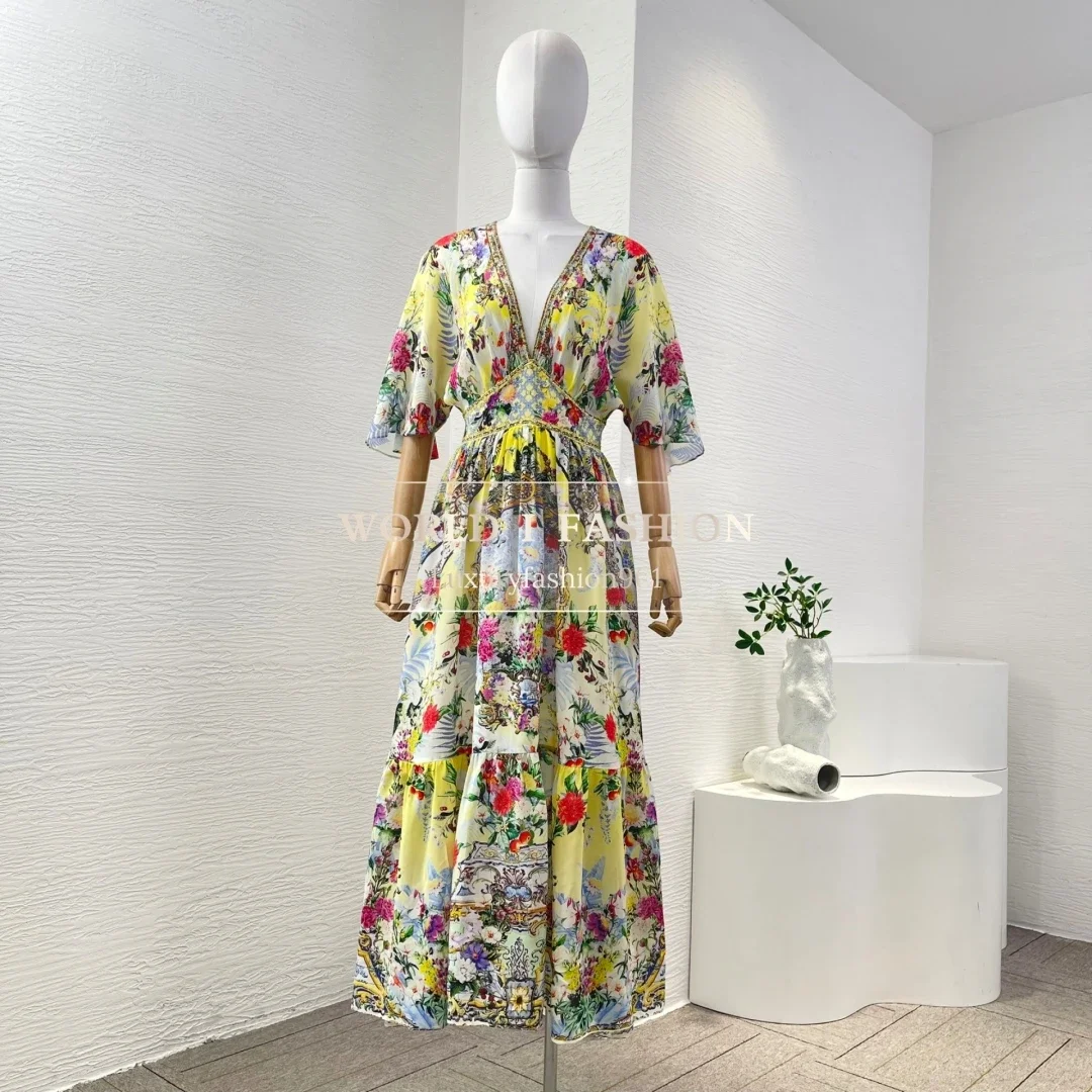 

2025 New Beautiful Yellow Floral Print Half Sleeve V Neck Diamonds Midi Dress