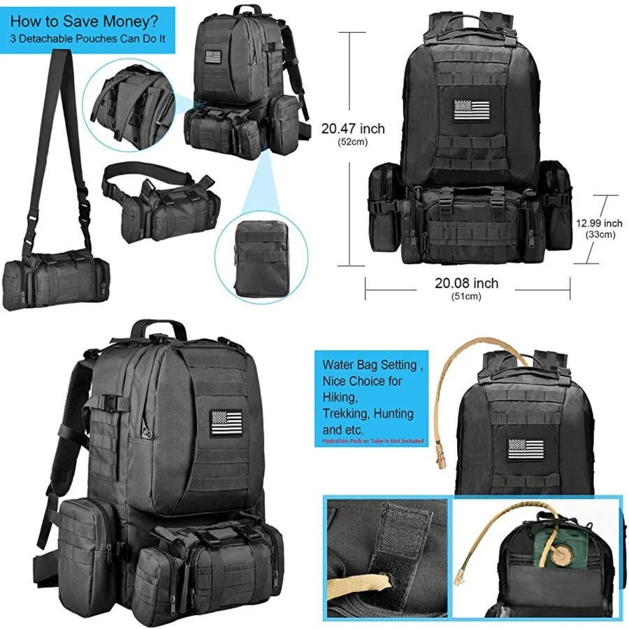 

Tactical Backpack Military Army Rucksack 60L Large Assault Pack Detachable Molle Bag